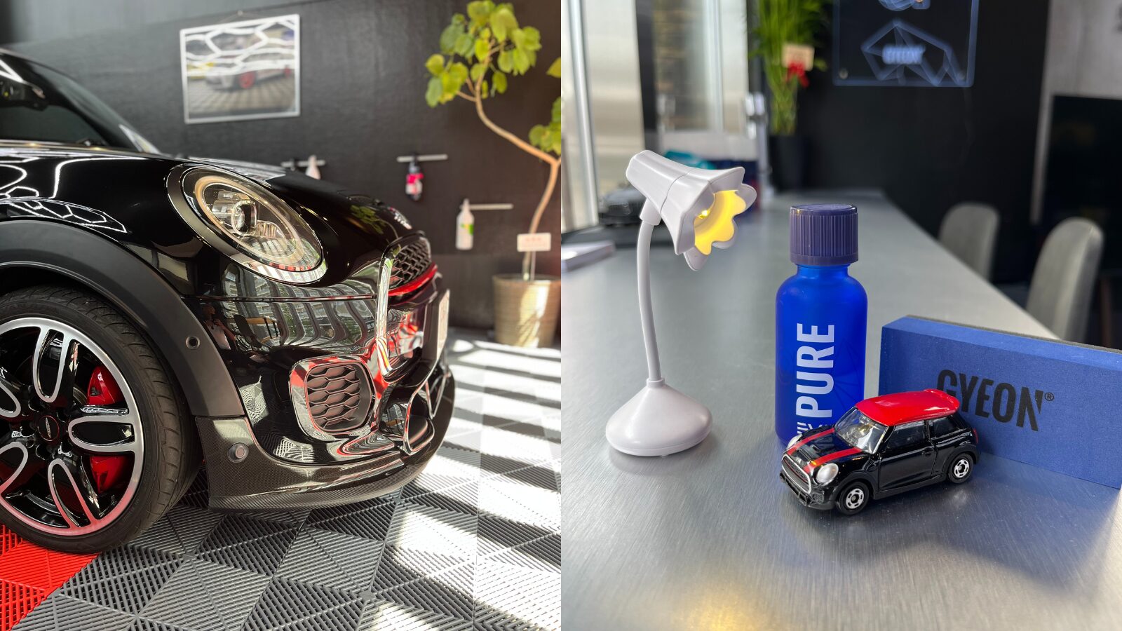 【施工事例】MINI Cooper JCWにGYEONコーティング｜ブラック＆レッドのボディに深い艶と撥水性能を